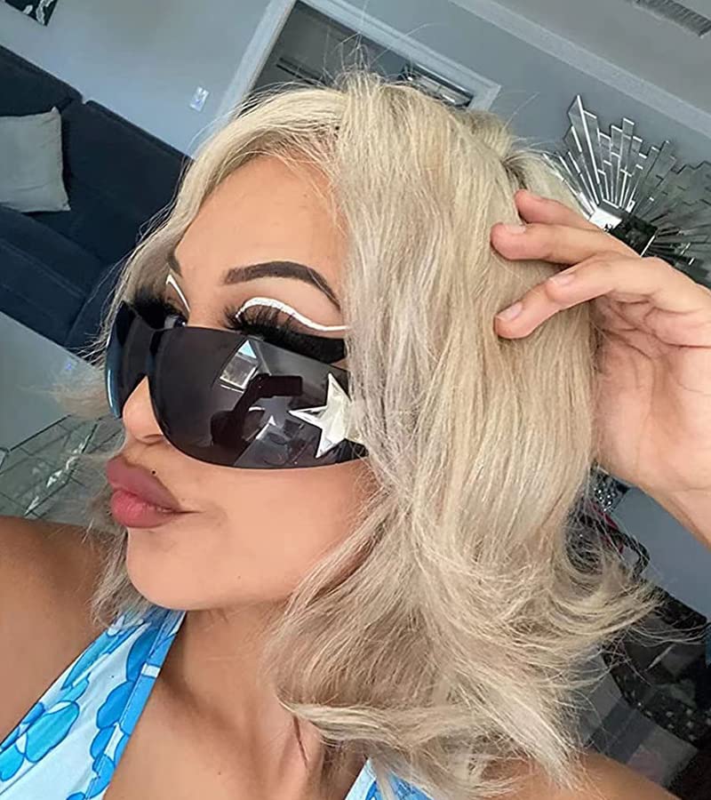 NULOOQ Rimless Y2K Sunglasses for Women Men – Trendy Star Shield Wrap Around Sunglasses Oversized Frameless Sun Glasses (Black/Gray) - Image 3