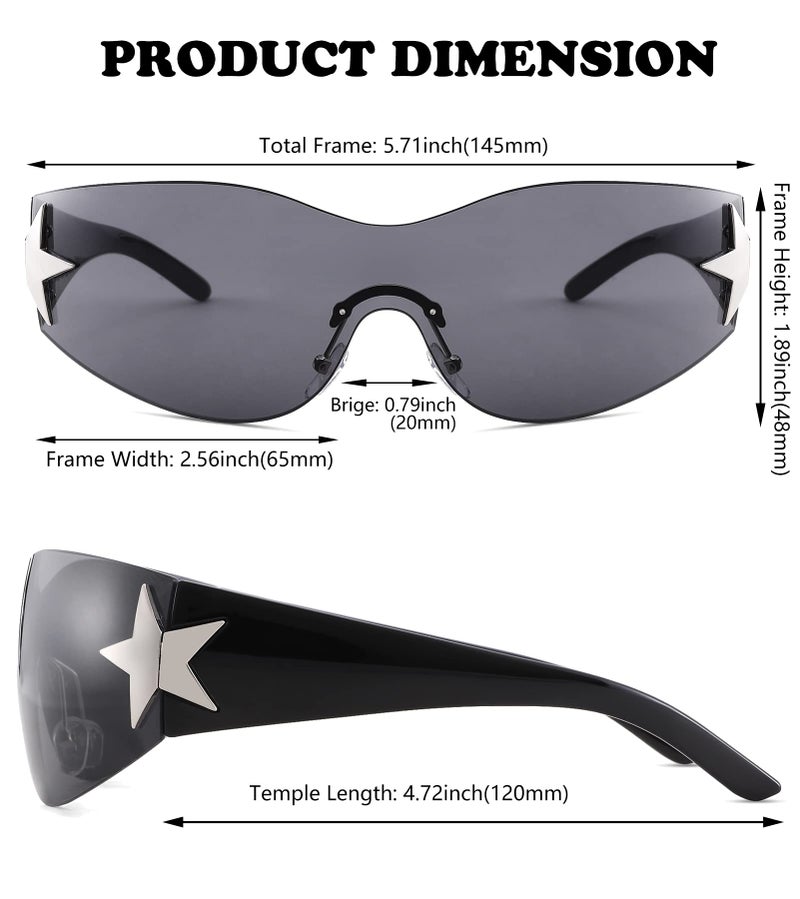 NULOOQ Rimless Y2K Sunglasses for Women Men – Trendy Star Shield Wrap Around Sunglasses Oversized Frameless Sun Glasses (Black/Gray) - Image 2