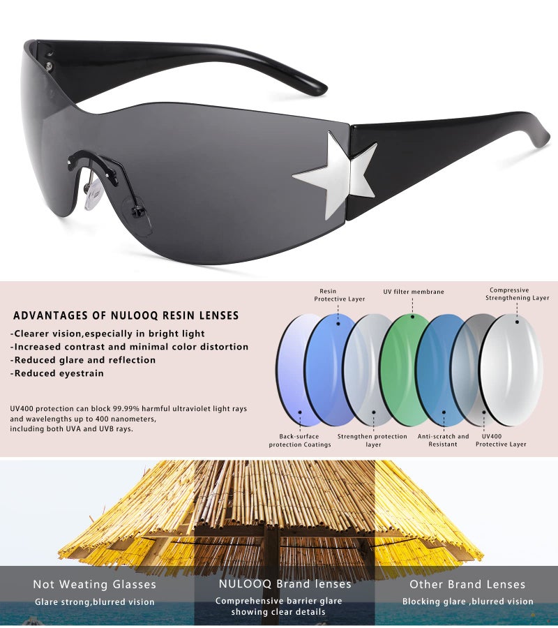 NULOOQ Rimless Y2K Sunglasses for Women Men – Trendy Star Shield Wrap Around Sunglasses Oversized Frameless Sun Glasses (Black/Gray) - Image 5