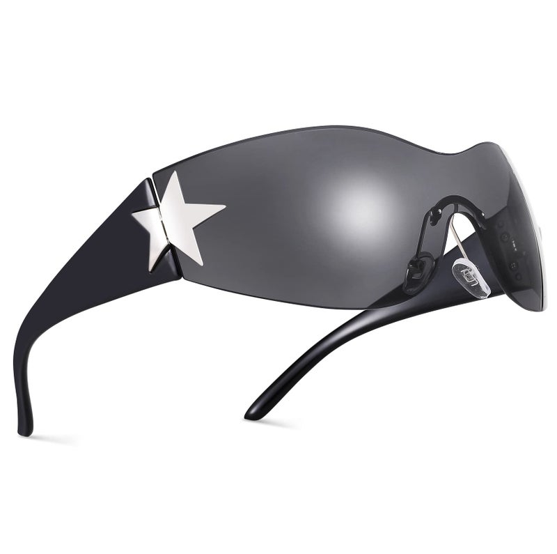 NULOOQ Rimless Y2K Sunglasses for Women Men – Trendy Star Shield Wrap Around Sunglasses Oversized Frameless Sun Glasses (Black/Gray) - Image 1
