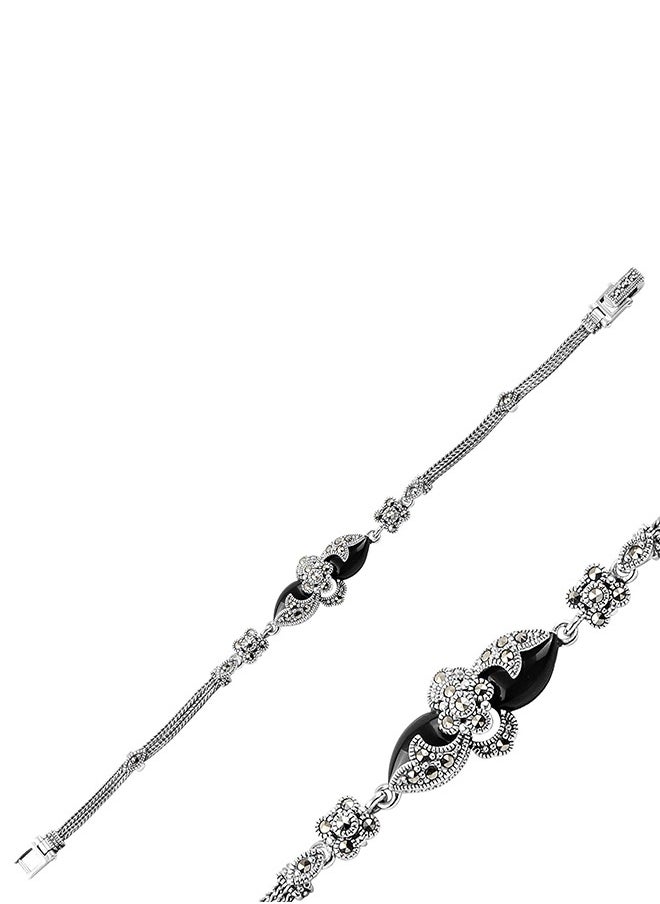 EMNON 925 Silver Natural Marcasite & Natural Black Onyx Bracelet -High-Quality Jewelry in UAE Dubai 100% Precious Metal Gift for Women-EMNON77BR-B101436 