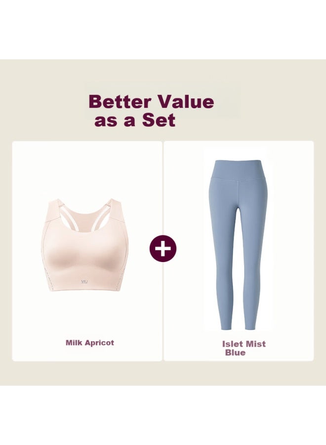 Vfu Stick-on Set Sports Bra Medium-high Intensity Running Yoga Pants 9/10 Length High Waist Apricot + Misty Blue M - Image 1