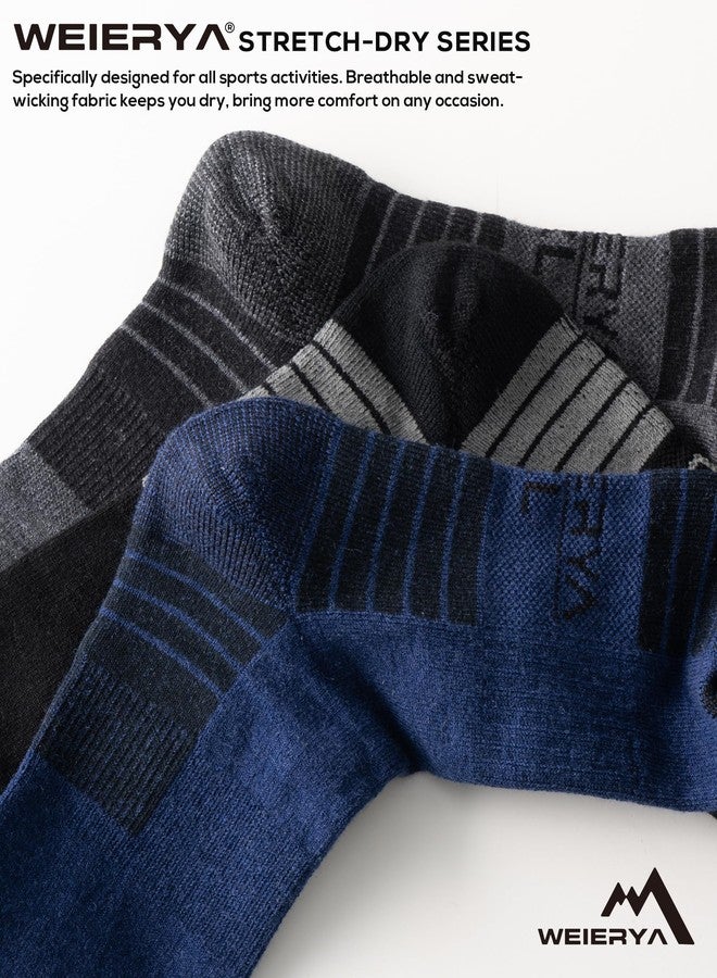WEIERYA Mens Hiking Socks 3 Pairs Merino Wool, Cushion Hike Trek Micro Crew Socks With Moisture Wicking for Outdoor Sports, Black Grey Blue M - Image 4