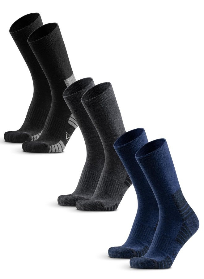 WEIERYA Mens Hiking Socks 3 Pairs Merino Wool, Cushion Hike Trek Micro Crew Socks With Moisture Wicking for Outdoor Sports, Black Grey Blue M - Image 1