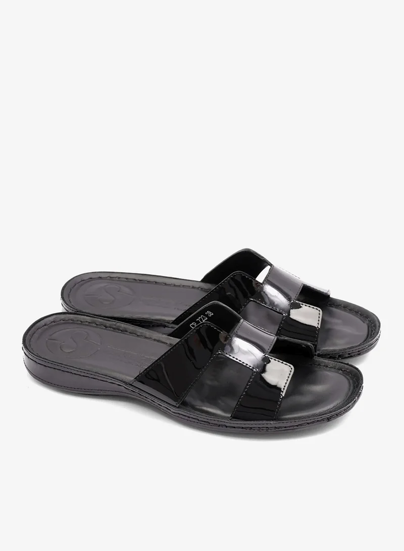 كومفورت بلس صنادل نسائية مسطحة جلد لامع كومفورت بلس أسود