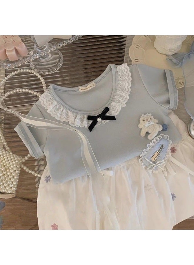 New Style Round Neck Spliced Lace Bow Short-sleeved Summer Design Top Sweet T-shirt For Girls