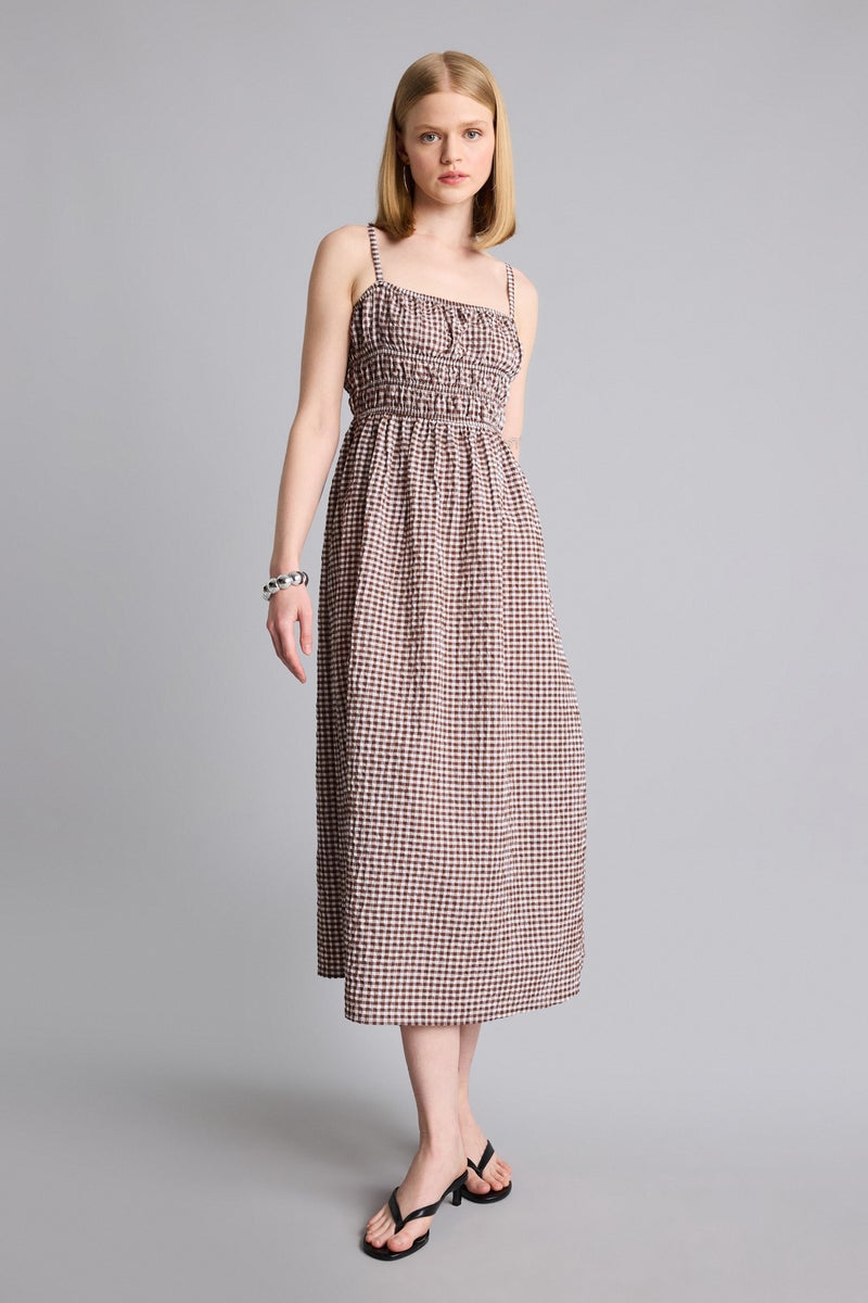 DeFacto Brown Woman Square Neck Gingham Textured Strappy Maxi Dress Casual - Image 1