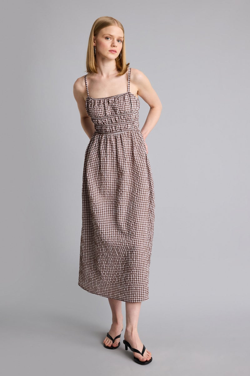 DeFacto Brown Woman Square Neck Gingham Textured Strappy Maxi Dress Casual - Image 3