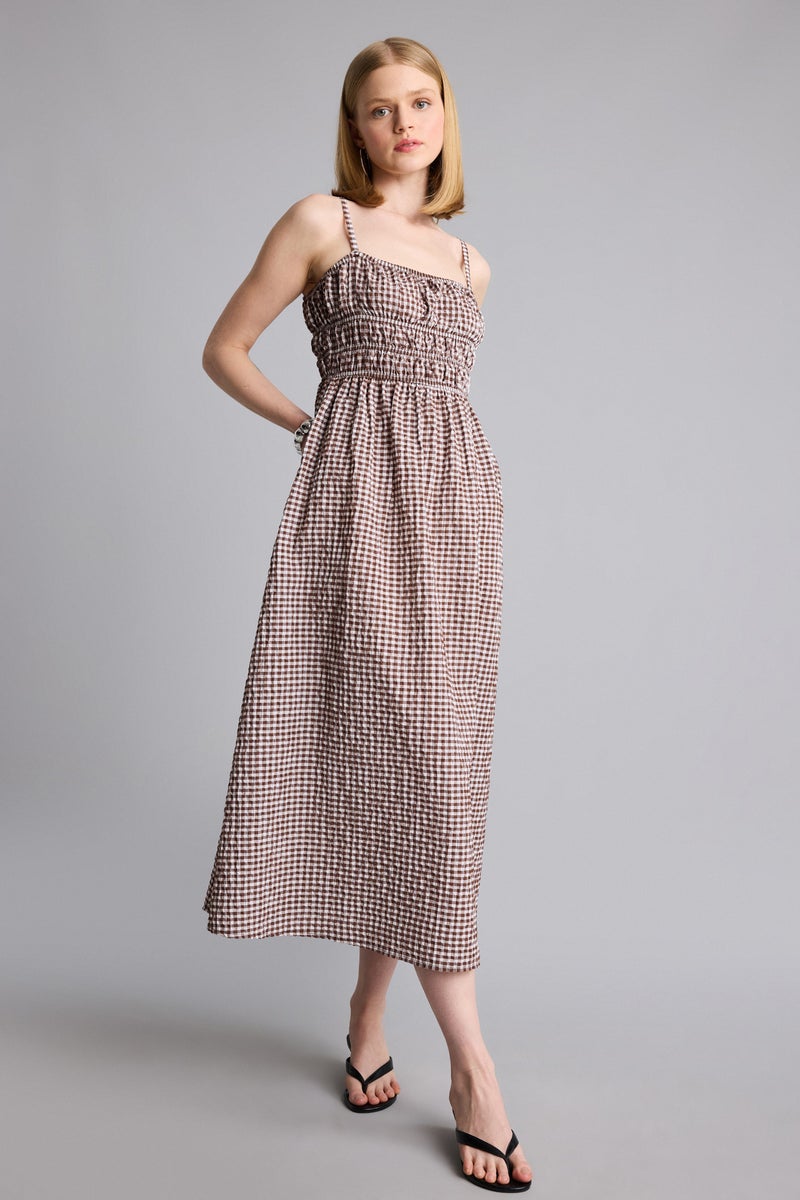 DeFacto Brown Woman Square Neck Gingham Textured Strappy Maxi Dress Casual - Image 2
