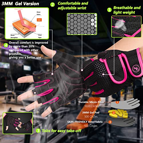 MOREOK Workout Gloves - Padded Weight Lifting for Men/Women, [3MM Gel] Fingerless Grip Gym Fitness Gloves Pink-M - Image 2