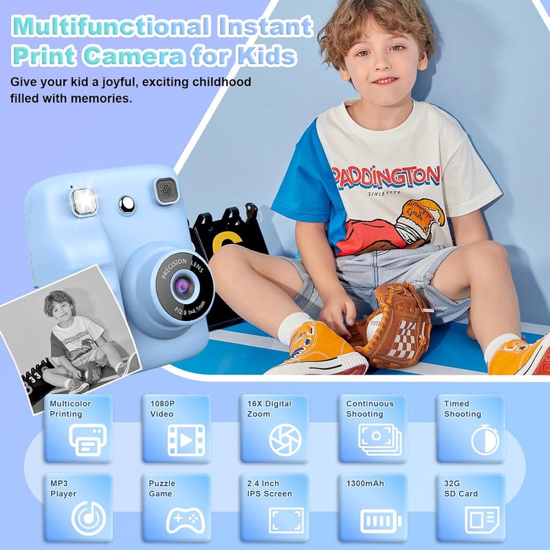 1080P HD Kids Camera, Instant Print Camera for Kids | One-Colour Instant Printing, 4 Rolls of Print Paper & 32GB Card, Birthday Gifts for Girls and Boys Age 3-12 - Image 2