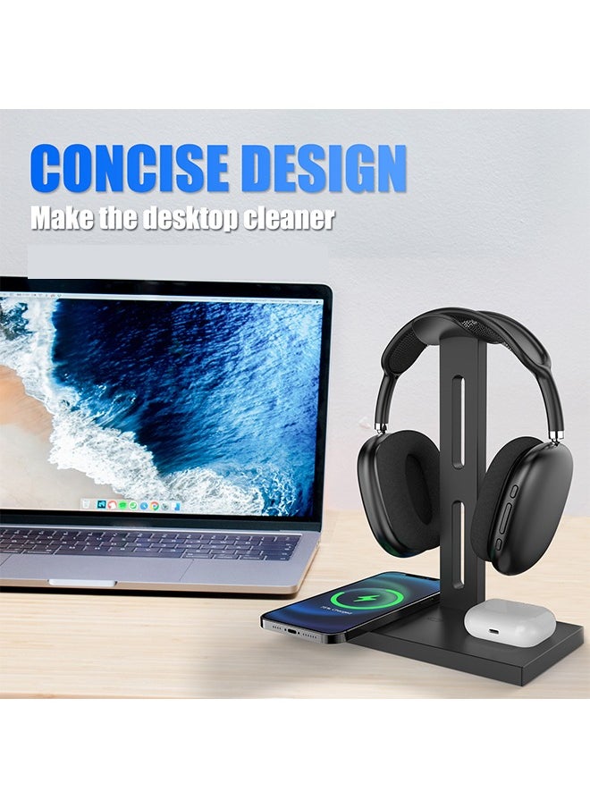 Joshberg 3 in 1 Headphone Stand with Wireless Charger,15W Fast Charge, USB Hub,Headset Holder Compatible with iPhone/AirPods/Gaming Headsets  - Image 3