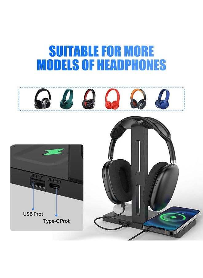Joshberg 3 in 1 Headphone Stand with Wireless Charger,15W Fast Charge, USB Hub,Headset Holder Compatible with iPhone/AirPods/Gaming Headsets  - Image 4