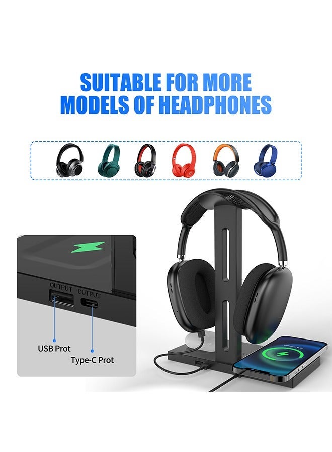 Joshberg 3 in 1 Headphone Stand with Wireless Charger,15W Fast Charge, USB Hub,Headset Holder Compatible with iPhone/AirPods/Gaming Headsets - Image 3