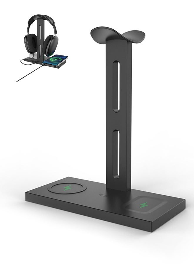 Joshberg 3 in 1 Headphone Stand with Wireless Charger,15W Fast Charge, USB Hub,Headset Holder Compatible with iPhone/AirPods/Gaming Headsets - Image 1