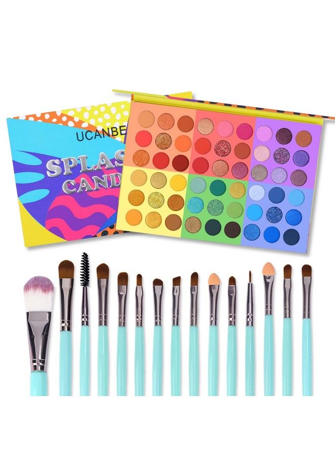 Ucanbe Splashy Candies Eyeshadow Palette + 15pcs Makeup Brush Set Kit Highly Pigment Matte Metallic Shimmer Glitter Eye Shadow Bright Color Long Lasting Waterproof Easy Blending Make Up Pallet for Women - Image 2