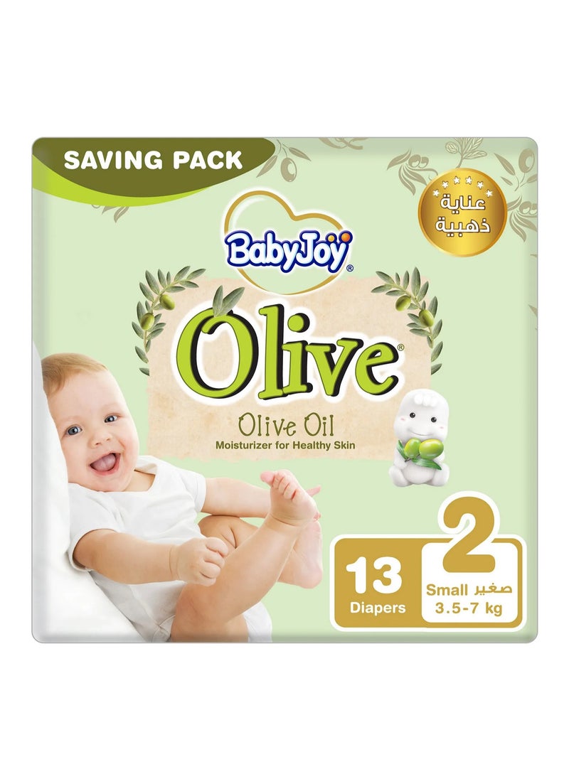 Baby Joy BabyJoy Olive Tape Style Diapers, 13 Pieces Saving Pack, Small Size 2, 3.5 to 7kg - Breathable, Moisturizes, Compressed Air Channel, Waist Stretch 