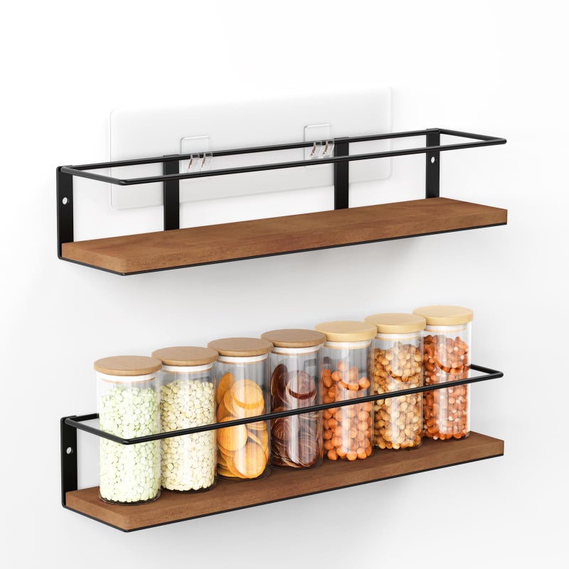 GIGIFTREE Spice Rack Self-Adhesive or drilling, Rustic Style Hanging Spice Rack, Spice Organization for Cabinet Door or Wall Mount, Over The Stove, Kitchen Wall, 2-Pack - Image 1