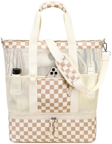 Bluboon Mesh Beach Tote Bag with Cooler Compartment Insulated Detachable Picnic Bag with Zipper and Pocket Pool Bag for Women ABrown White Grid - Image 1