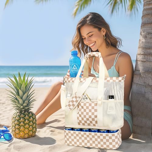 Bluboon Mesh Beach Tote Bag with Cooler Compartment Insulated Detachable Picnic Bag with Zipper and Pocket Pool Bag for Women ABrown White Grid - Image 3
