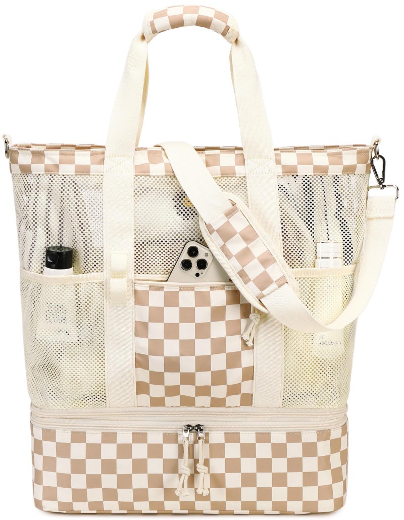 Bluboon Mesh Beach Tote Bag with Cooler Compartment Insulated Detachable Picnic Bag with Zipper and Pocket Pool Bag for Women ABrown White Grid - Image 2