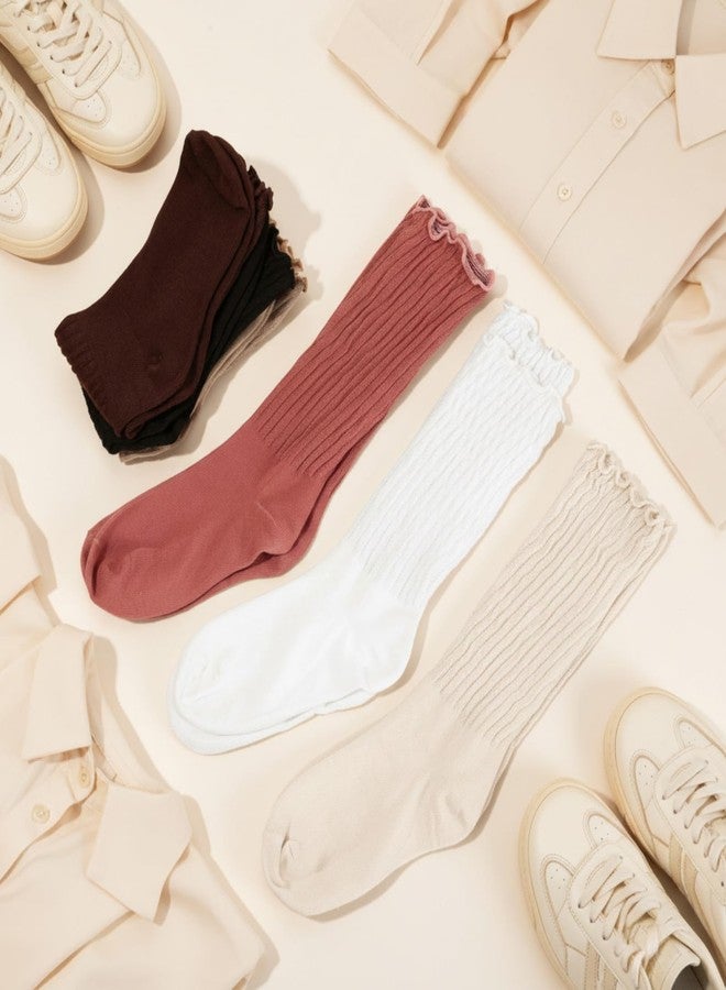Croloose 6 Pairs Ruffle Slouch Crew Socks for Women Knit Mid Calf Rib Tube Soft Scrunch Boot Women's Legging Socks, Retro Colors, One size - Image 5