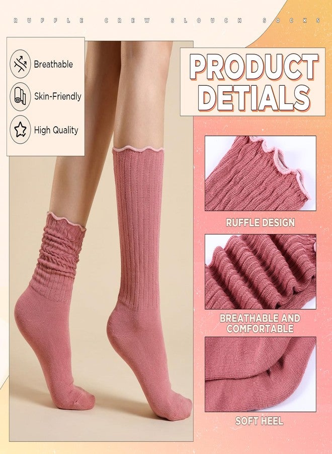 Croloose 6 Pairs Ruffle Slouch Crew Socks for Women Knit Mid Calf Rib Tube Soft Scrunch Boot Women's Legging Socks, Retro Colors, One size - Image 2