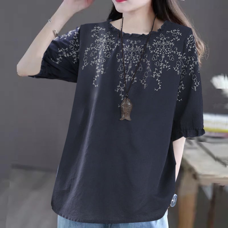 Summer Plus Size Chubby Sister'S Mother Dress Western Style Printed Sports Shirt Top Retro Loose Slimming Base T-Shirt - Image 2