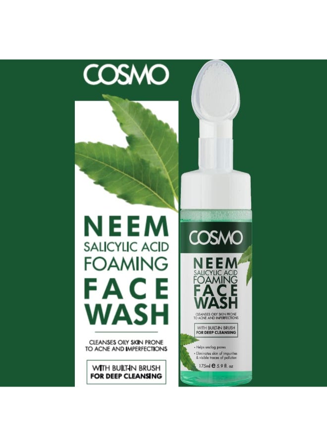 Cosmo Skin Care Neem Salicylic Acid Foaming Face Wash For Deep Cleansing Built-in Brush 175ml, For Men & Women, Deep Clean, Facewash, All Skin Types, Green - Image 2