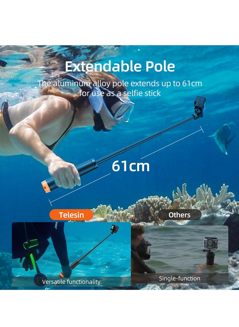 TELESIN - Floating tripod selfie stick, waterproof telescopic selfie stick, tripod, handle, 30m waterproof, can be connected to devices weighing up to 200g, compatible with most sports cameras - Image 1