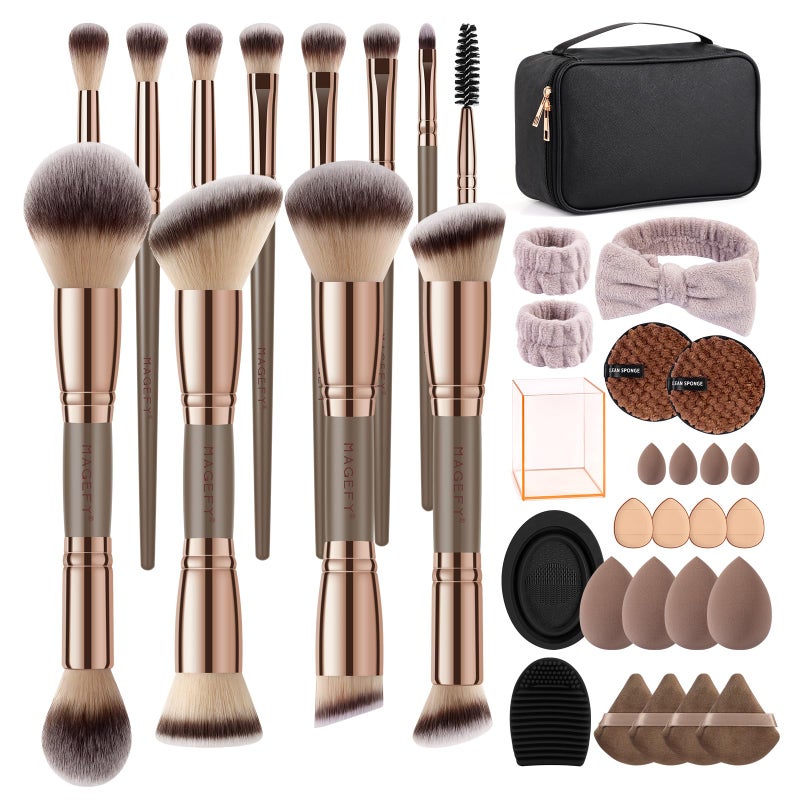 MAGEFY Makeup Brushes 37 Pcs Makeup Kit, Multi-functional Makeup Tool Set with Double-End Powder Blush Eyeshadows Brush Make up Brushes Set Bag,Champagne - Image 1