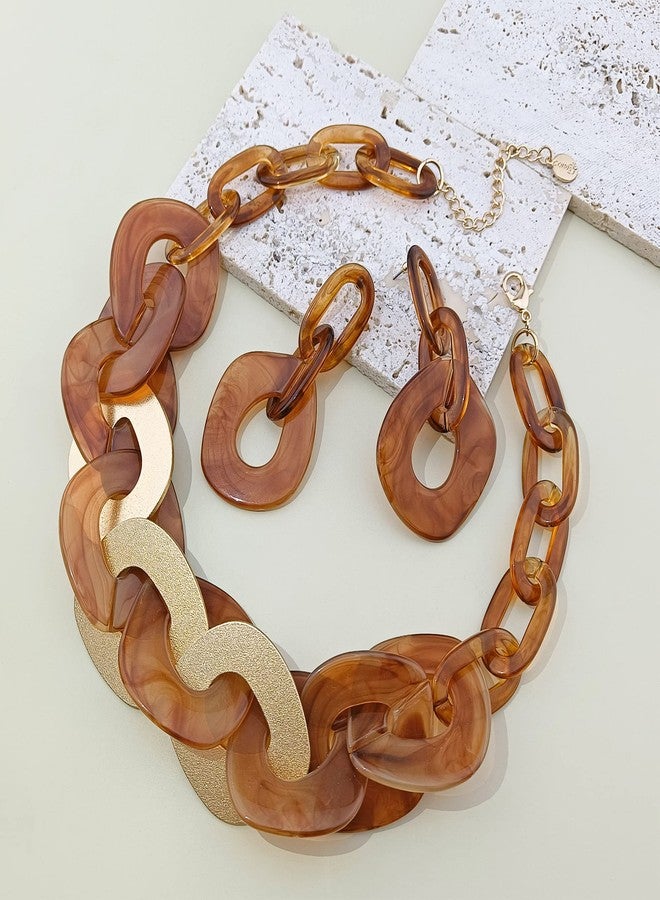 Coiris Statement Chunky Necklace Metal Punk Acrylic Cuban Link Chain Necklaces Bohemian Tortoise Shell Acrylic Resin Chain Link(N0090-Texture Brown) - Image 4