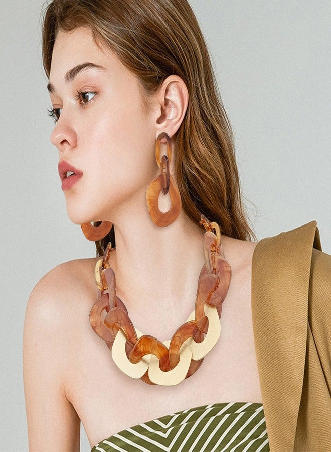 Coiris Statement Chunky Necklace Metal Punk Acrylic Cuban Link Chain Necklaces Bohemian Tortoise Shell Acrylic Resin Chain Link(N0090-Texture Brown) - Image 3