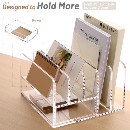 SANRUI Desk Organizers and Accessories, Acrylic Mail Organizer Countertop, 5-Slots File Sorter with Drawer, Desktop Organizer for Office Supplies - Image 2