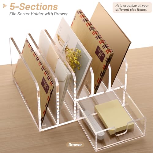 SANRUI Desk Organizers and Accessories, Acrylic Mail Organizer Countertop, 5-Slots File Sorter with Drawer, Desktop Organizer for Office Supplies - Image 4