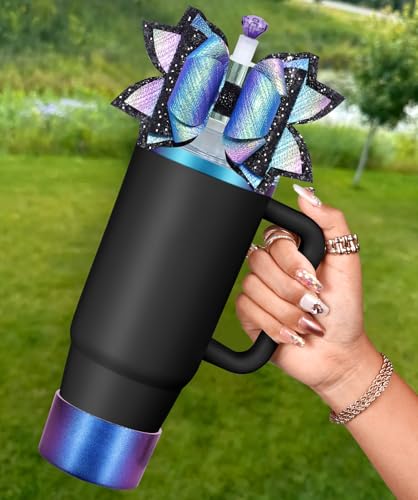 Toykee Bow Straw Topper with Cup Bootfor Stanley 40 30 oz - Bling Black Purple Bow and Diamond Cover Caps with Bottom Protector 3 PCS Sets for Tumbler Accessories - Image 1