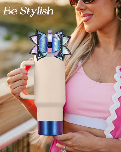 Toykee Bow Straw Topper with Cup Bootfor Stanley 40 30 oz - Bling Black Purple Bow and Diamond Cover Caps with Bottom Protector 3 PCS Sets for Tumbler Accessories - Image 5