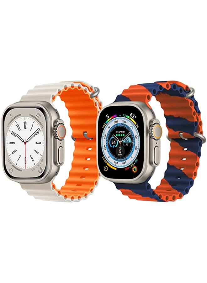 vesus Silicone Ocean Band Strap for Apple Watch Ultra 8 49mm White/Orange Double Side Strap with Orange/Blue Double Line Strap Set of 2