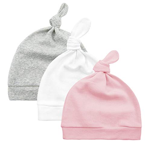 Durio Newborn Baby Hats - Knot Soft Beanies for Preemie Infant Newborn, Fall Winter Caps for Girls Boys 3 Pack Grey & White & Pink One Size Fits 0-6 Months - Image 1