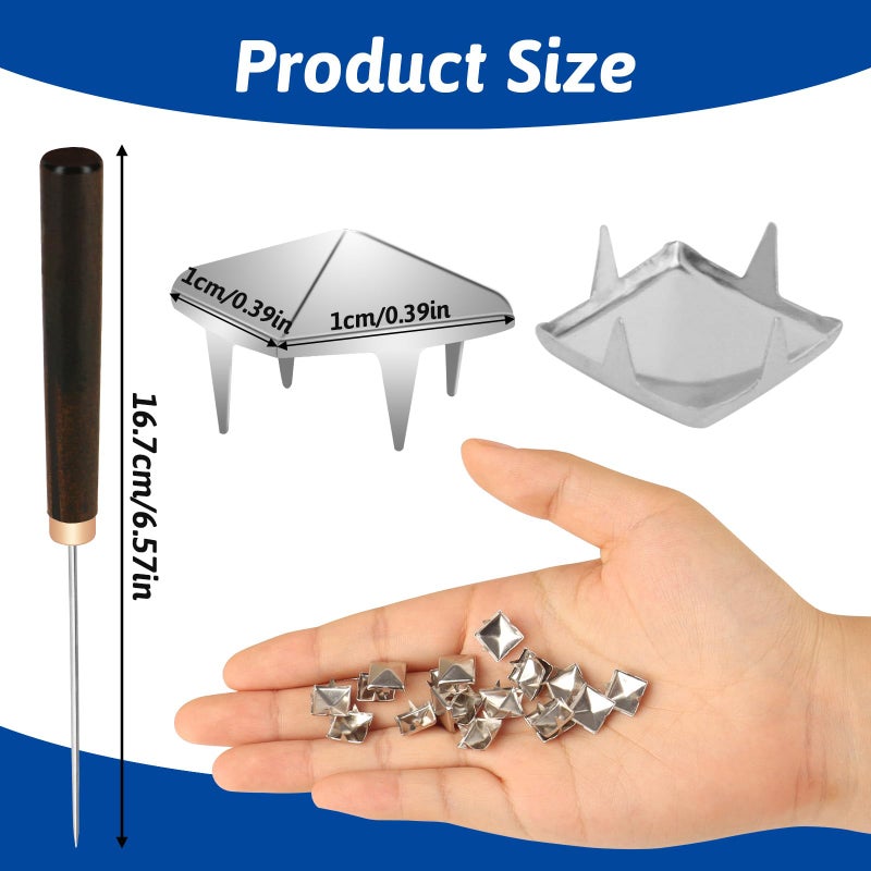 CXIIPOL 1300 Pieces 10 mm Silver Pyramid Studs for Clothing, Four-jaw Square Metal Studs for Crafts, Spike Studs for Leather Crafting, Bags, Shoes, Dog Collars with Awl - Image 2