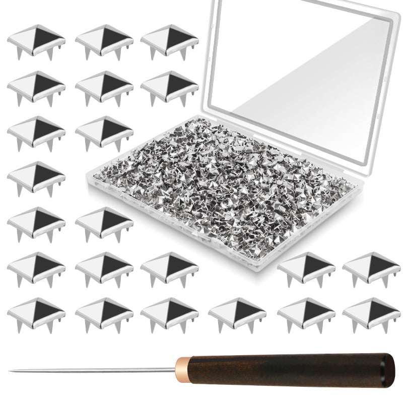 CXIIPOL 1300 Pieces 10 mm Silver Pyramid Studs for Clothing, Four-jaw Square Metal Studs for Crafts, Spike Studs for Leather Crafting, Bags, Shoes, Dog Collars with Awl - Image 1