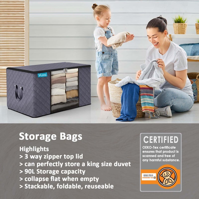 شنطة تخزين من 3 قطع، سعة كبيرة 90 لتر، غطاء علوي بسحاب ثلاثي الجوانب، عملية لتخزين الملابس والالعاب واللحاف. مقاوم للغبار/العث، مثالي للتنقل في المنزل. (60 × 43 × 35 سم) - Image 5
