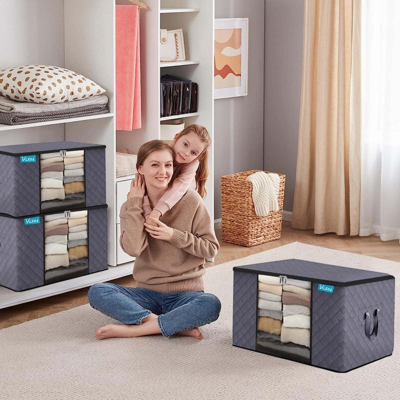 شنطة تخزين من 3 قطع، سعة كبيرة 90 لتر، غطاء علوي بسحاب ثلاثي الجوانب، عملية لتخزين الملابس والالعاب واللحاف. مقاوم للغبار/العث، مثالي للتنقل في المنزل. (60 × 43 × 35 سم) - Image 3