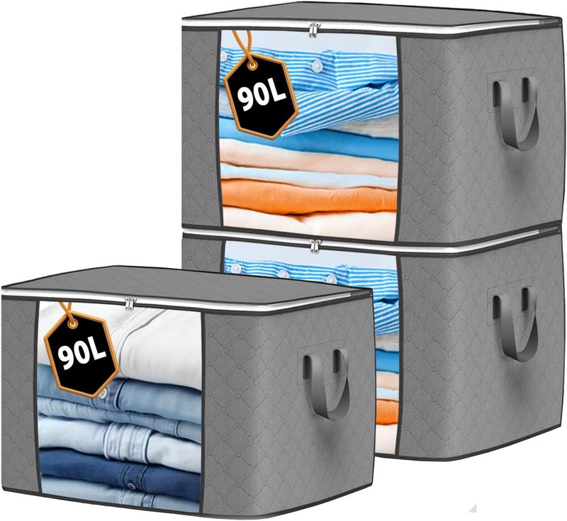 شنطة تخزين من 3 قطع، سعة كبيرة 90 لتر، غطاء علوي بسحاب ثلاثي الجوانب، عملية لتخزين الملابس والالعاب واللحاف. مقاوم للغبار/العث، مثالي للتنقل في المنزل. (60 × 43 × 35 سم) - Image 1