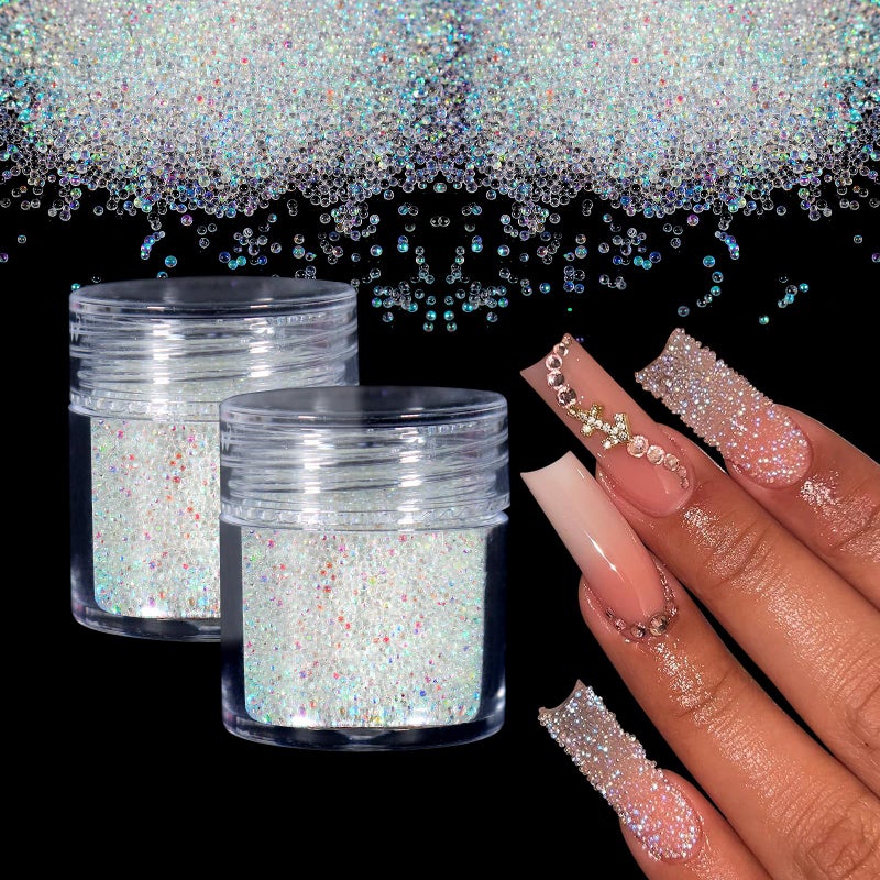 Laza 2 Jars Iridescent Nail Beads, Caviar Beads for Nails, 0.6-0.8mm Micro Pixie Crystals Tiny Nail Gems Glass Bubble Nail Art Rhinestones Colorful Nail Charms for 3D Nail Art Decorations Designs - Image 1