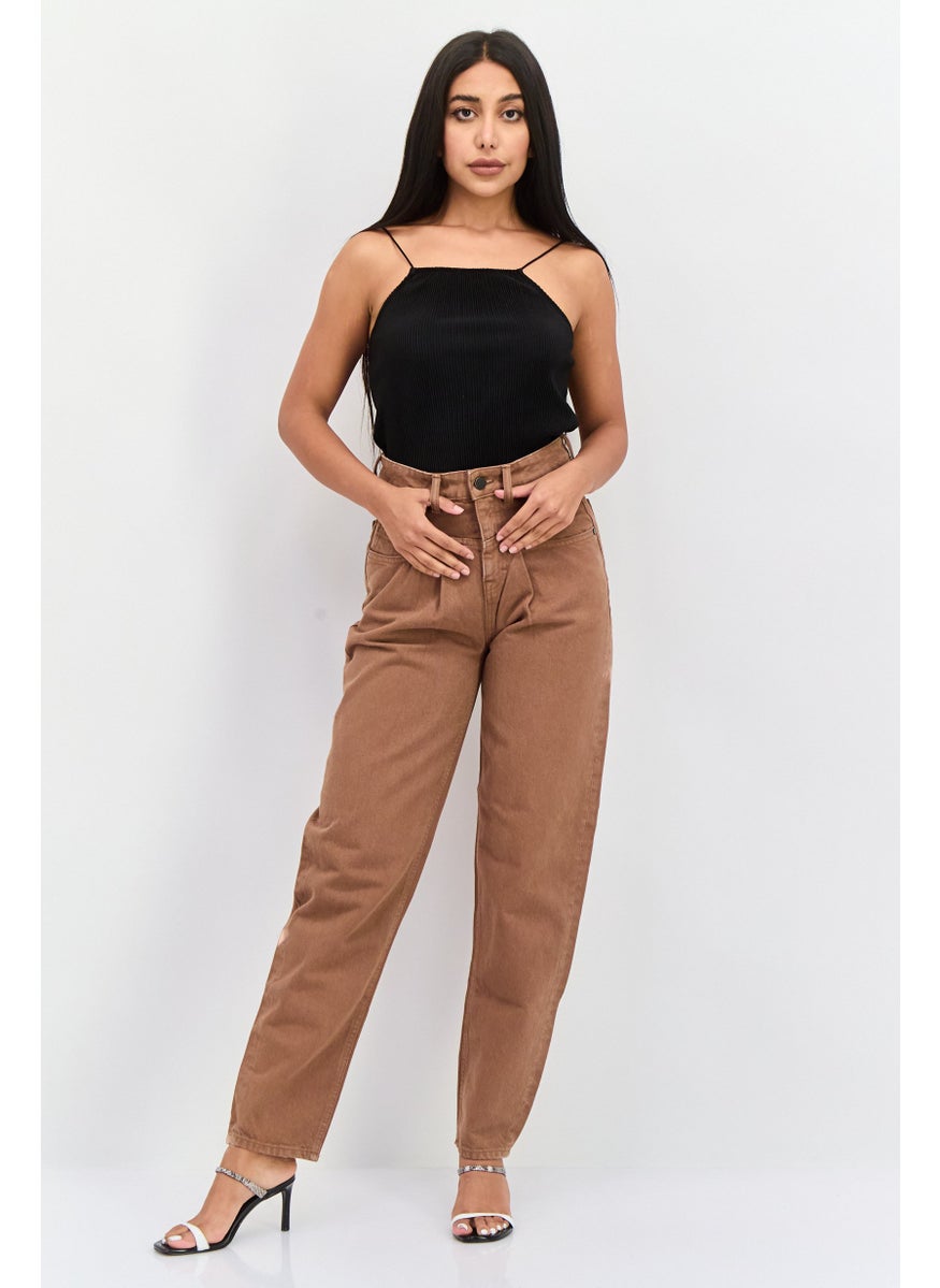 Waven Women 90s Tapered Fit Plain Non Stretch Jeans, Brown  - Image 4