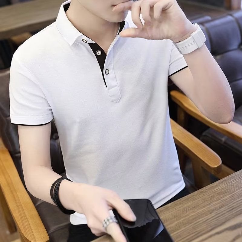 Summer Mens Fashion Polo T-Shirt Collar Patchwork Tee Gray  - Image 3