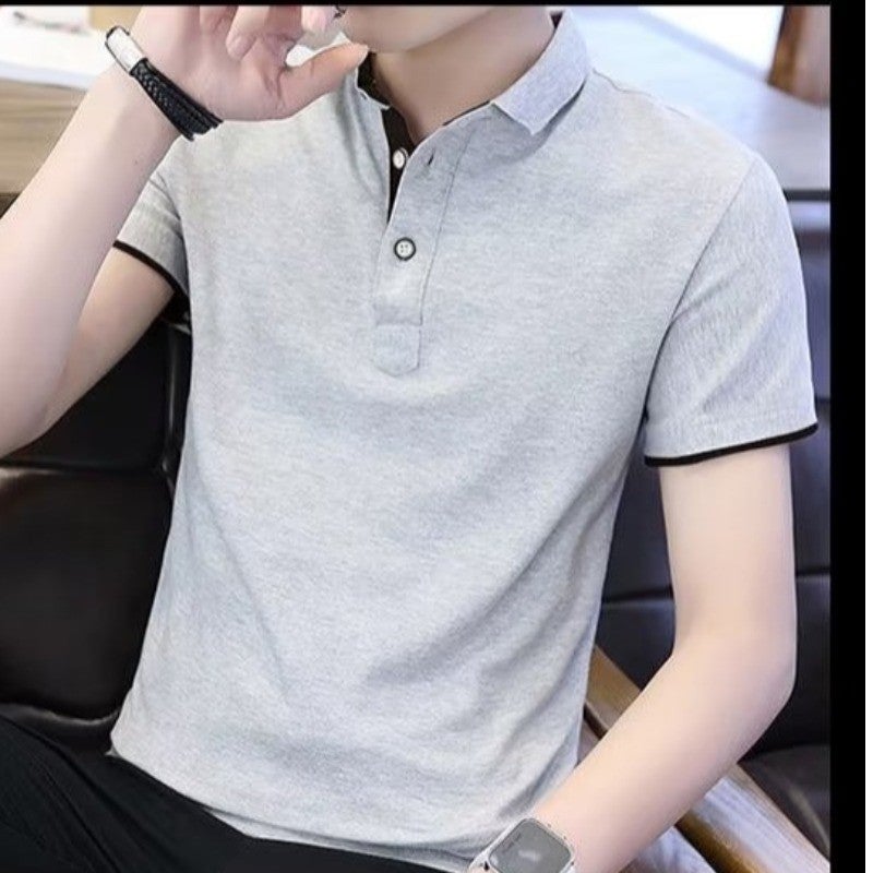 Summer Mens Fashion Polo T-Shirt Collar Patchwork Tee Gray  - Image 5