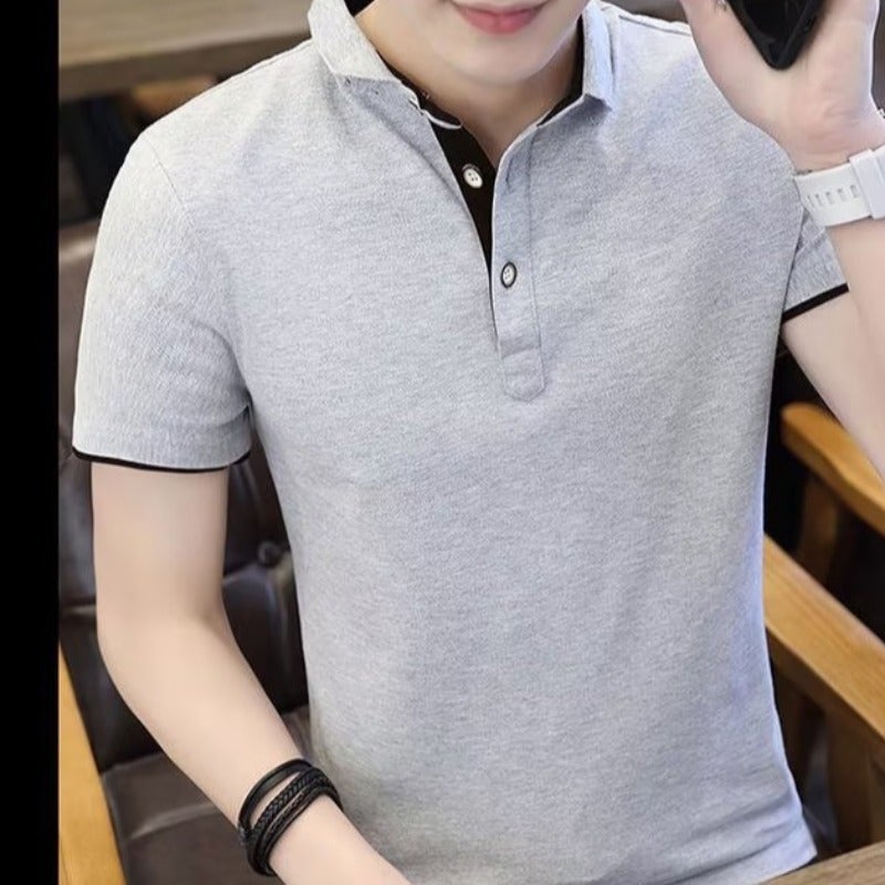 Summer Mens Fashion Polo T-Shirt Collar Patchwork Tee Gray  - Image 4
