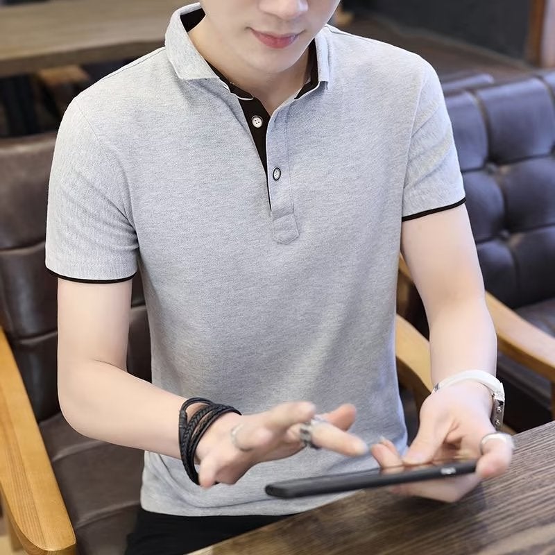 Summer Mens Fashion Polo T-Shirt Collar Patchwork Tee Gray  - Image 2